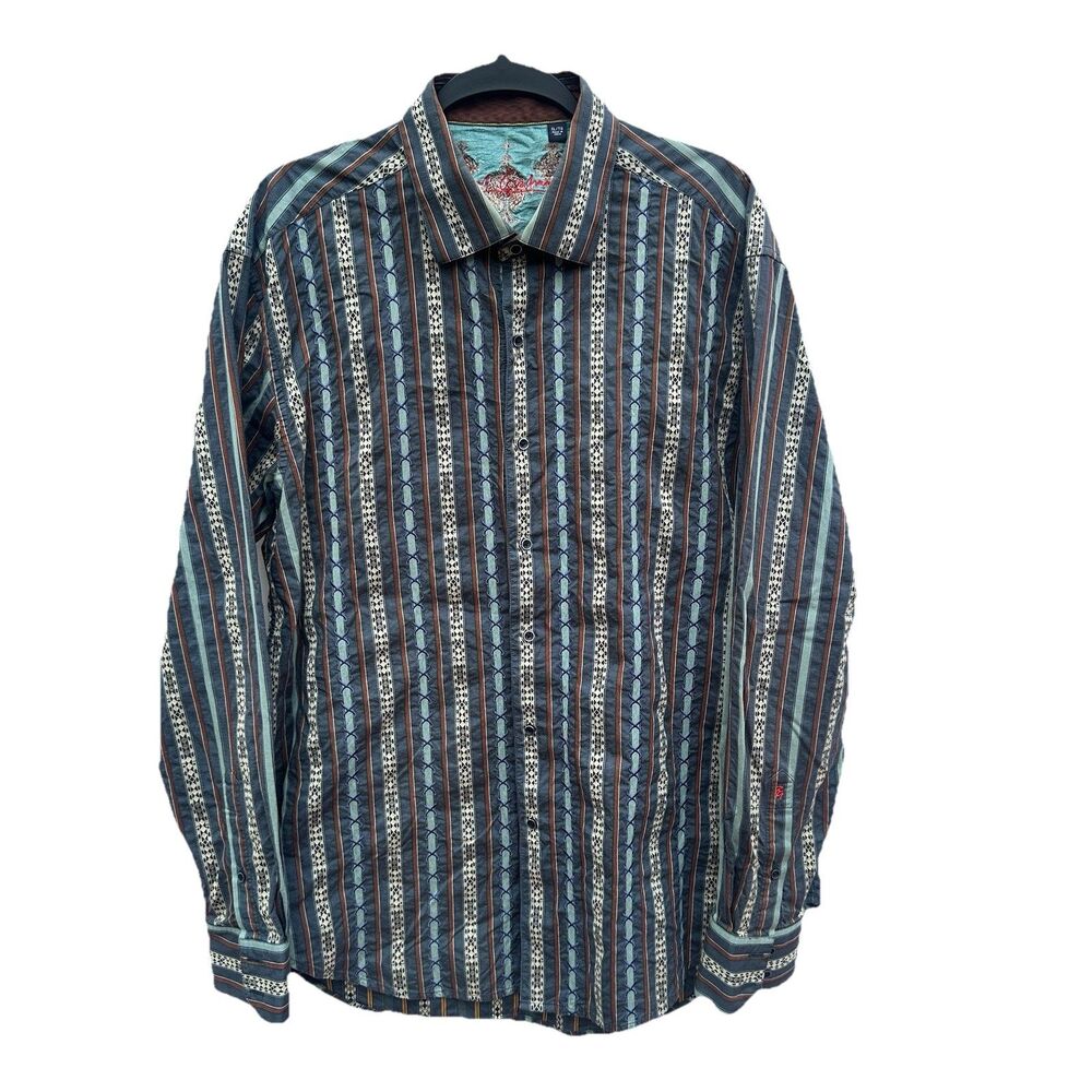 Robert Graham Shirt Mens XL Blue Brown Embroidered Striped Long Sleeve